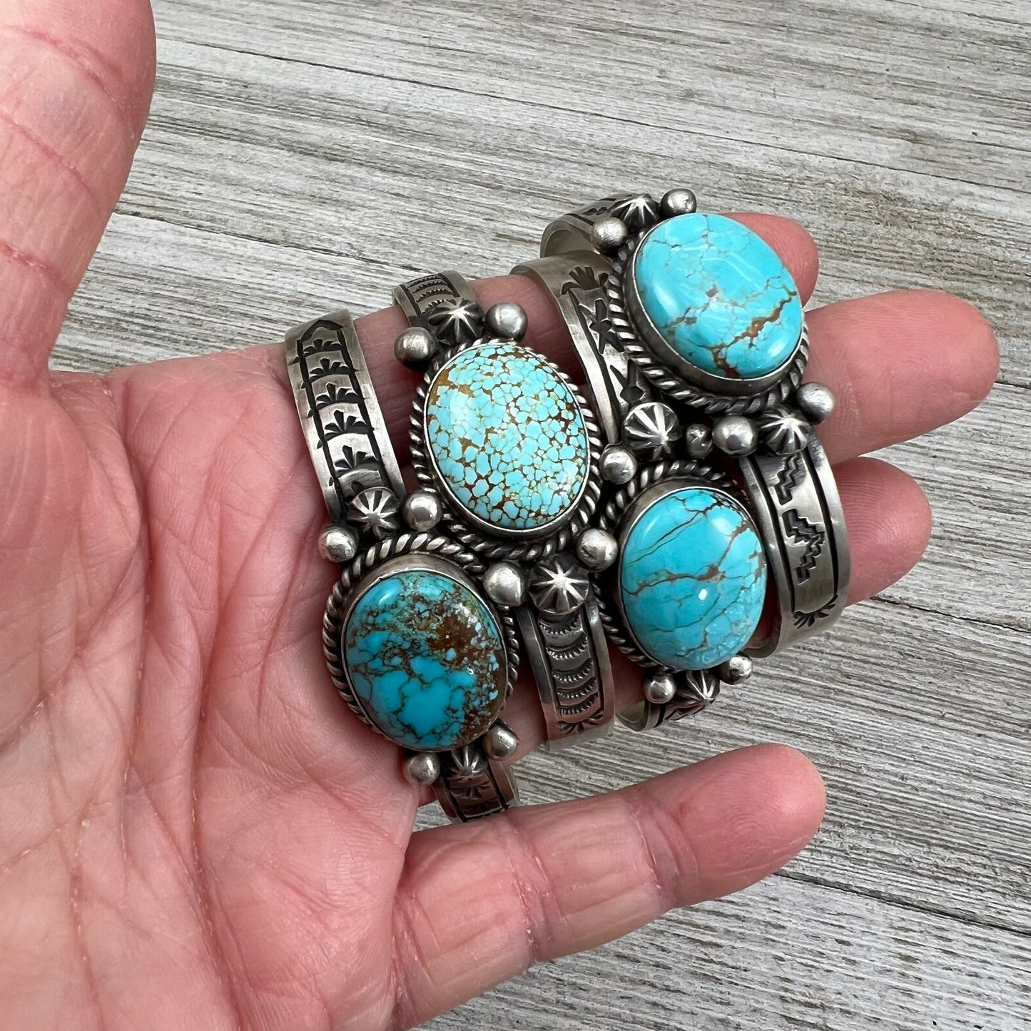 6 3/8" , #8 turquoise, Stamped cuff bracelet B, Navajo handmade signed, flat sterling silver, stacker