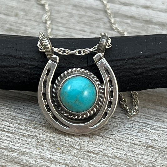 18" Sterling Silver Turquoise Horseshoe Necklace Cowgirl Rodeo Jewelry Annette Chiquito