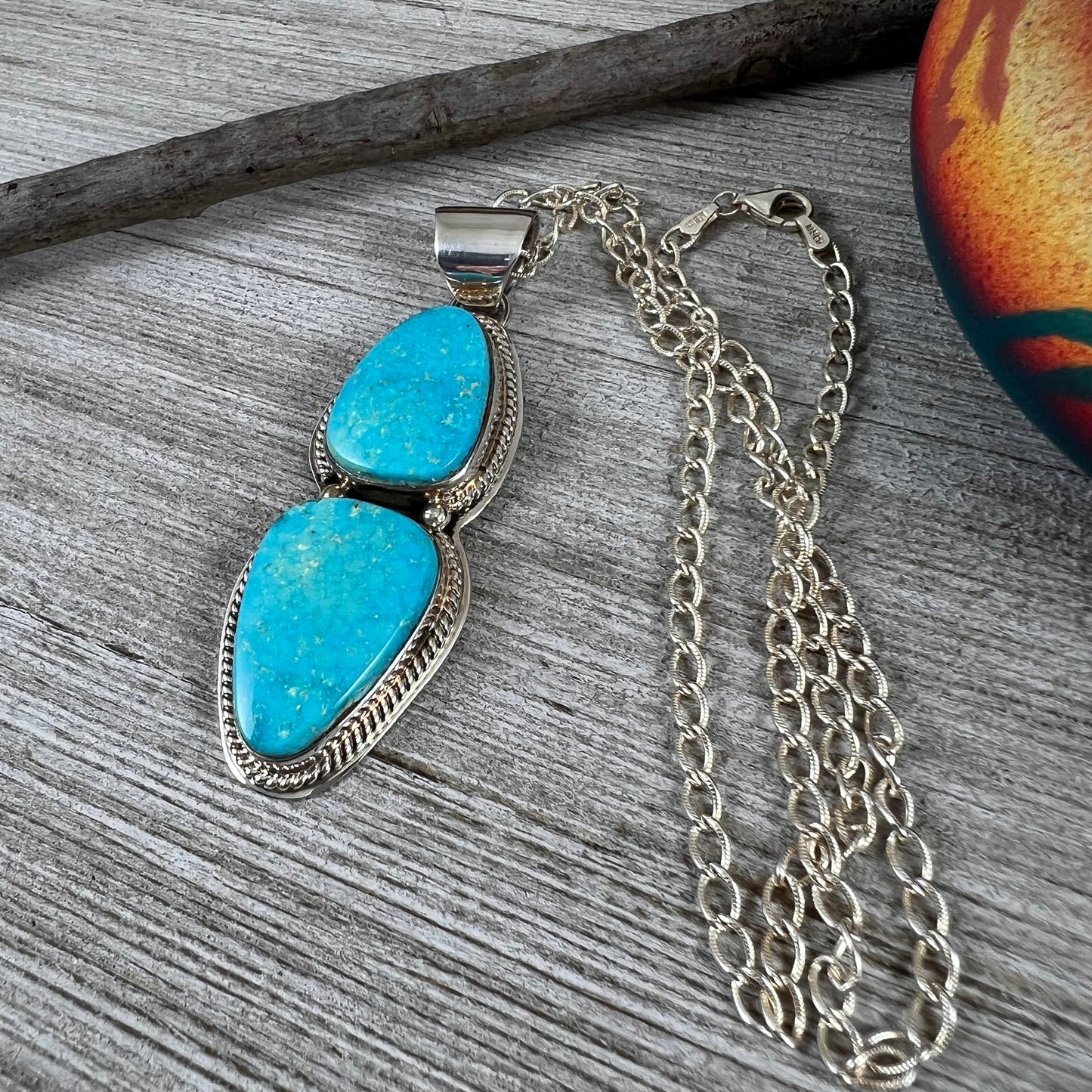 Blue Kingman Turquoise Pendant, Sterling silver, 18” chain necklace, Native American handmade Lyle Piaso,