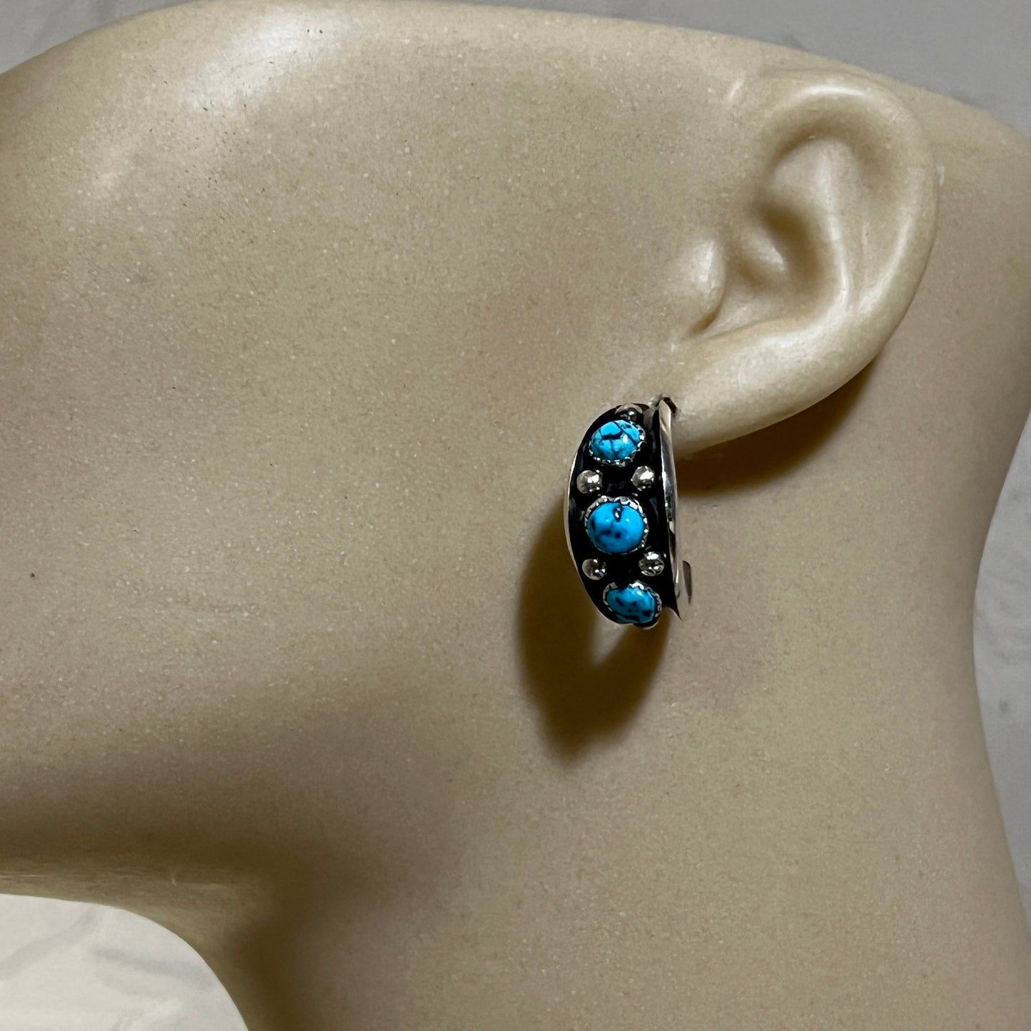 7/8" Turquoise Hoop Earrings Navajo handmade by Paul Largo sterling silver 2