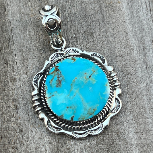 Kingman Turquoise Pendant Sterling silver Navajo handmade Jeremy Delgarito 555