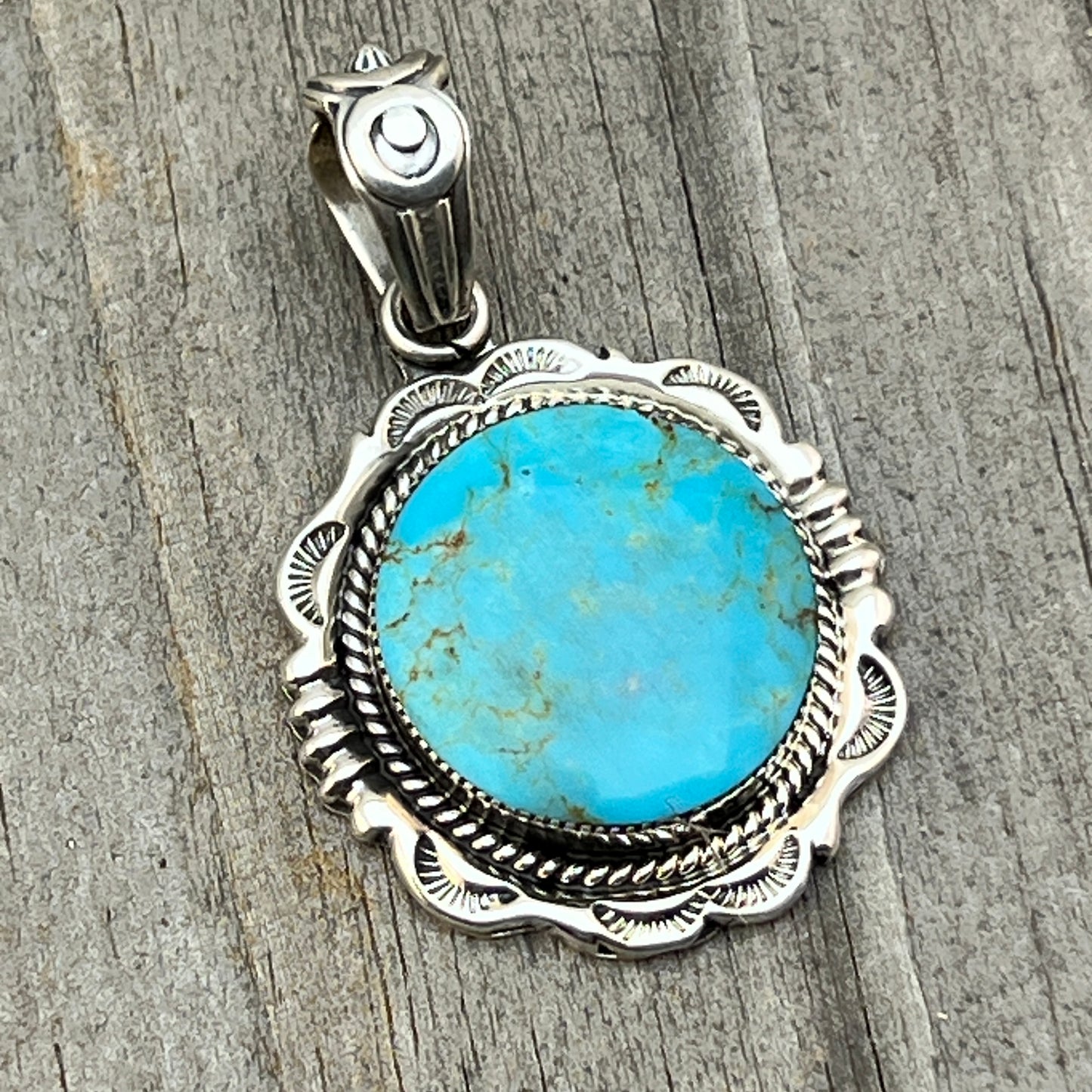 Kingman Turquoise Pendant Sterling silver Navajo handmade Jeremy Delgarito 760