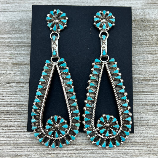 Long Teardrop Turquoise Petit Point cluster Earrings, Zuni handmade by Merlinda Chavez