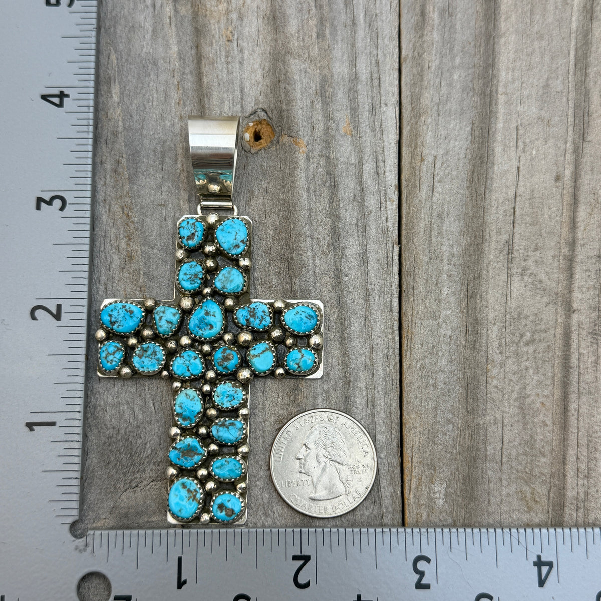 Kingman Turquoise Cross Pendant Melvin Jones Navajo handmade Sterling silver PD2