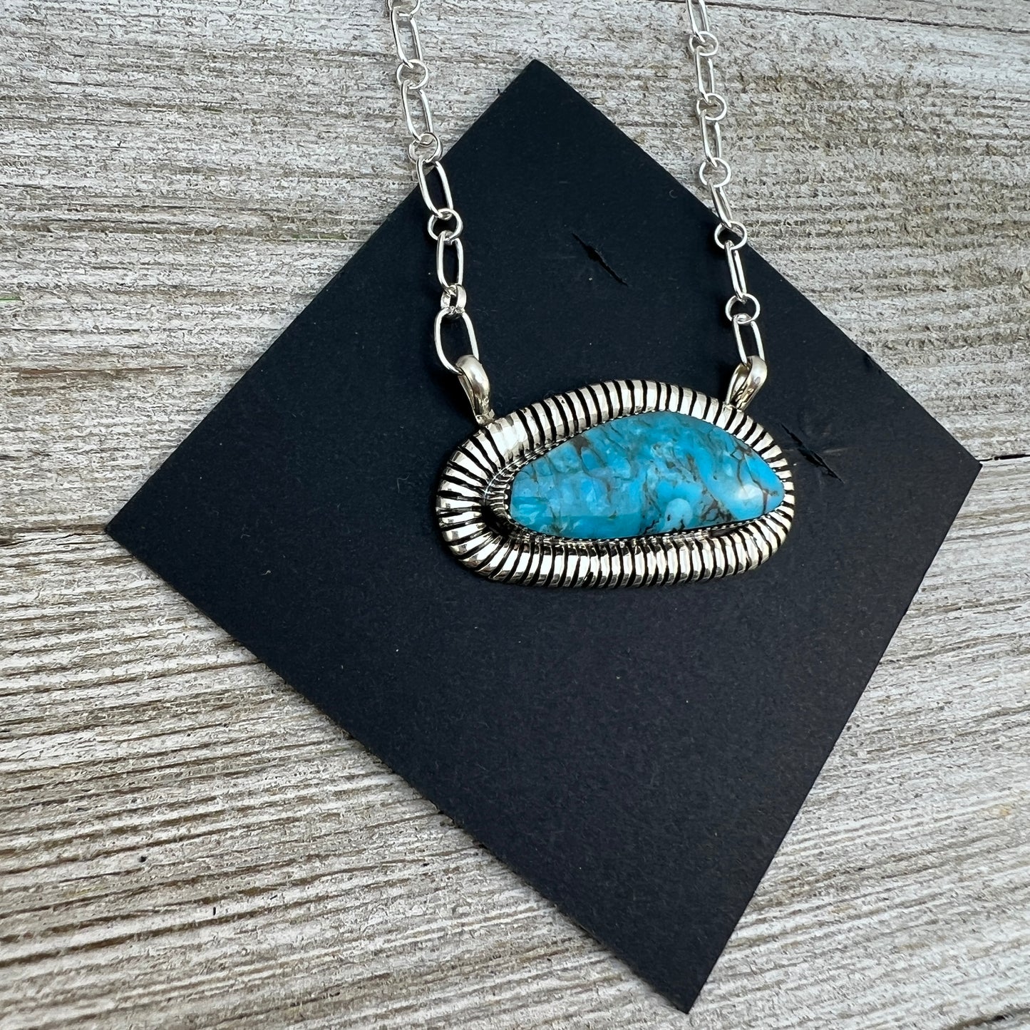 21" Blue Kingman turquoise bar necklace #3, Navajo handmade Charlene Yazzie, sterling silver