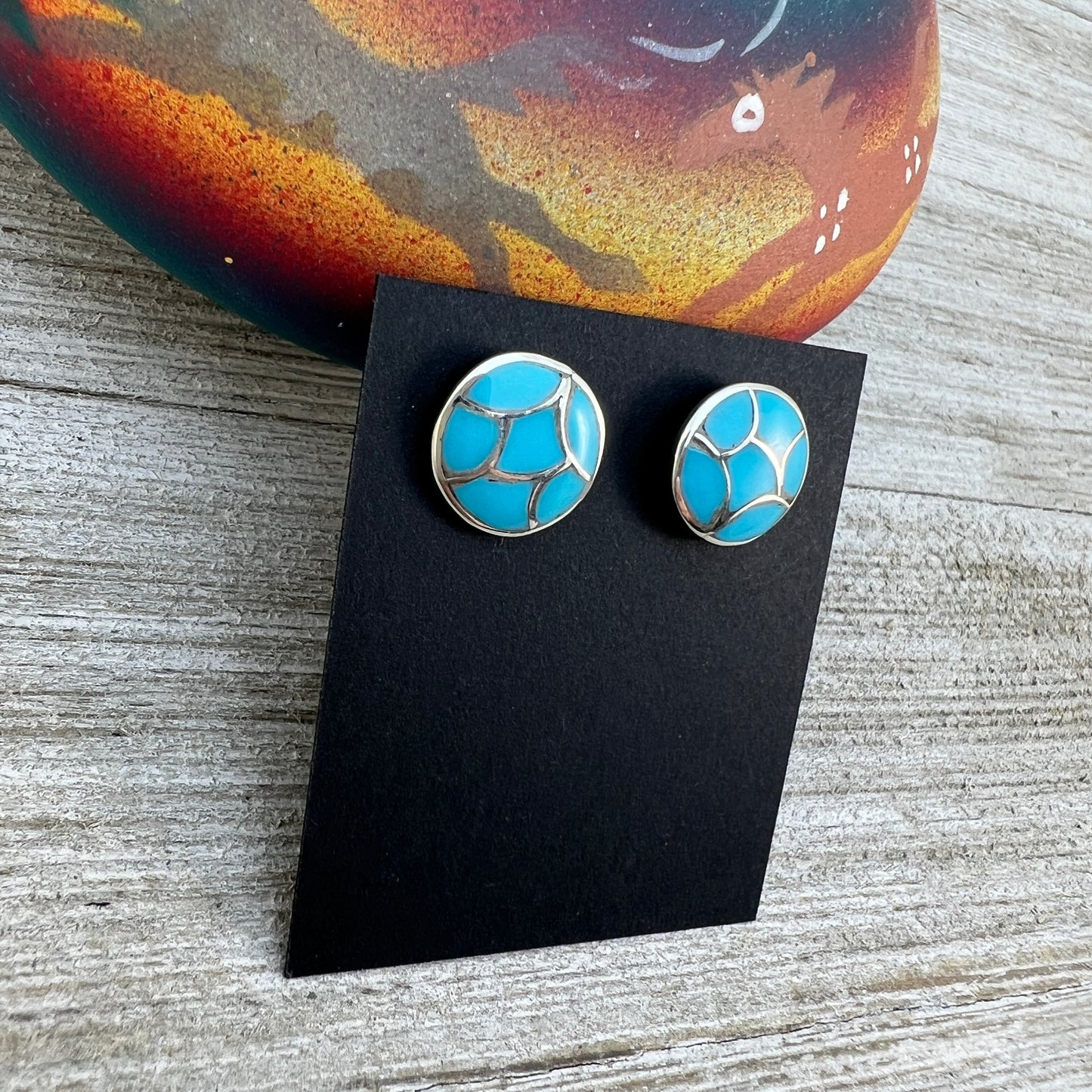 Zuni inlay turquoise fish scale design #2, small round stud earrings, sterling silver, Orena Leekya