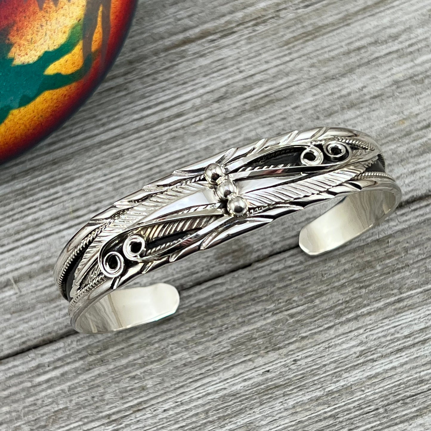 6 3/4" All silver Floral leaves cuff bracelet, Navajo handmade Davey Morgan, sterling silver,stacker
