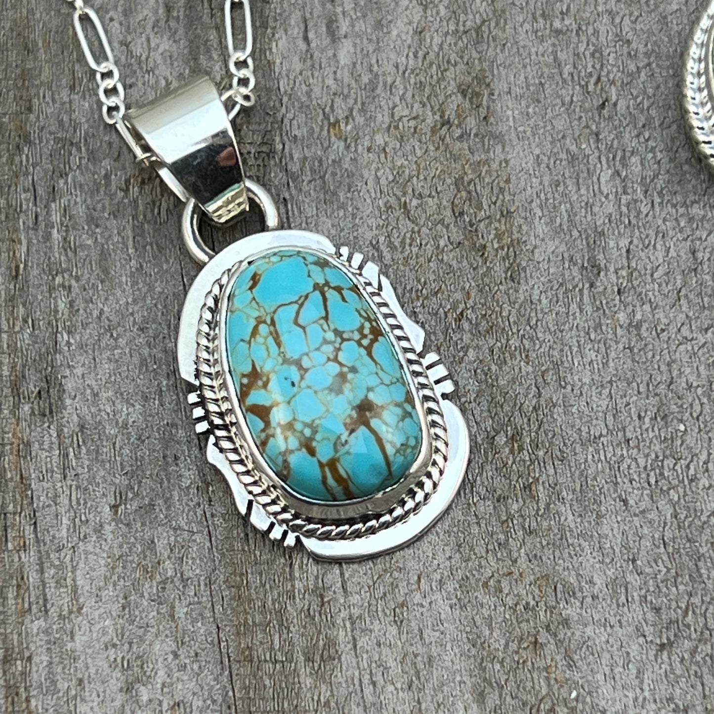 18" Sterling silver #8 Spiderweb turquoise necklace pendant Lucy Valencia Navajo 622