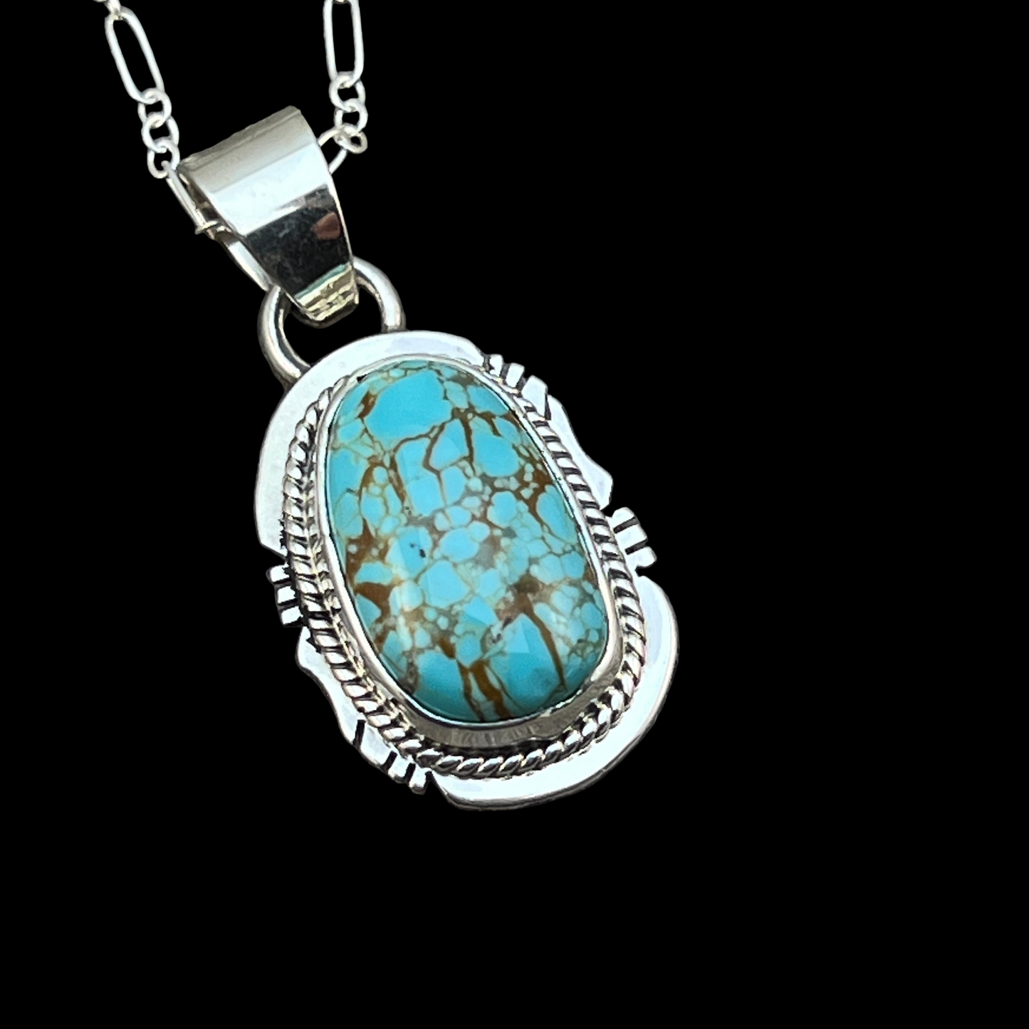 18" Sterling silver #8 Spiderweb turquoise necklace pendant Lucy Valencia Navajo 622