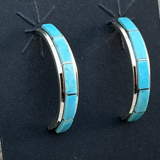 Small Turquoise 7/8" narrow turquoise zuni hoop earrings sterling silver Gloria Waseta 424