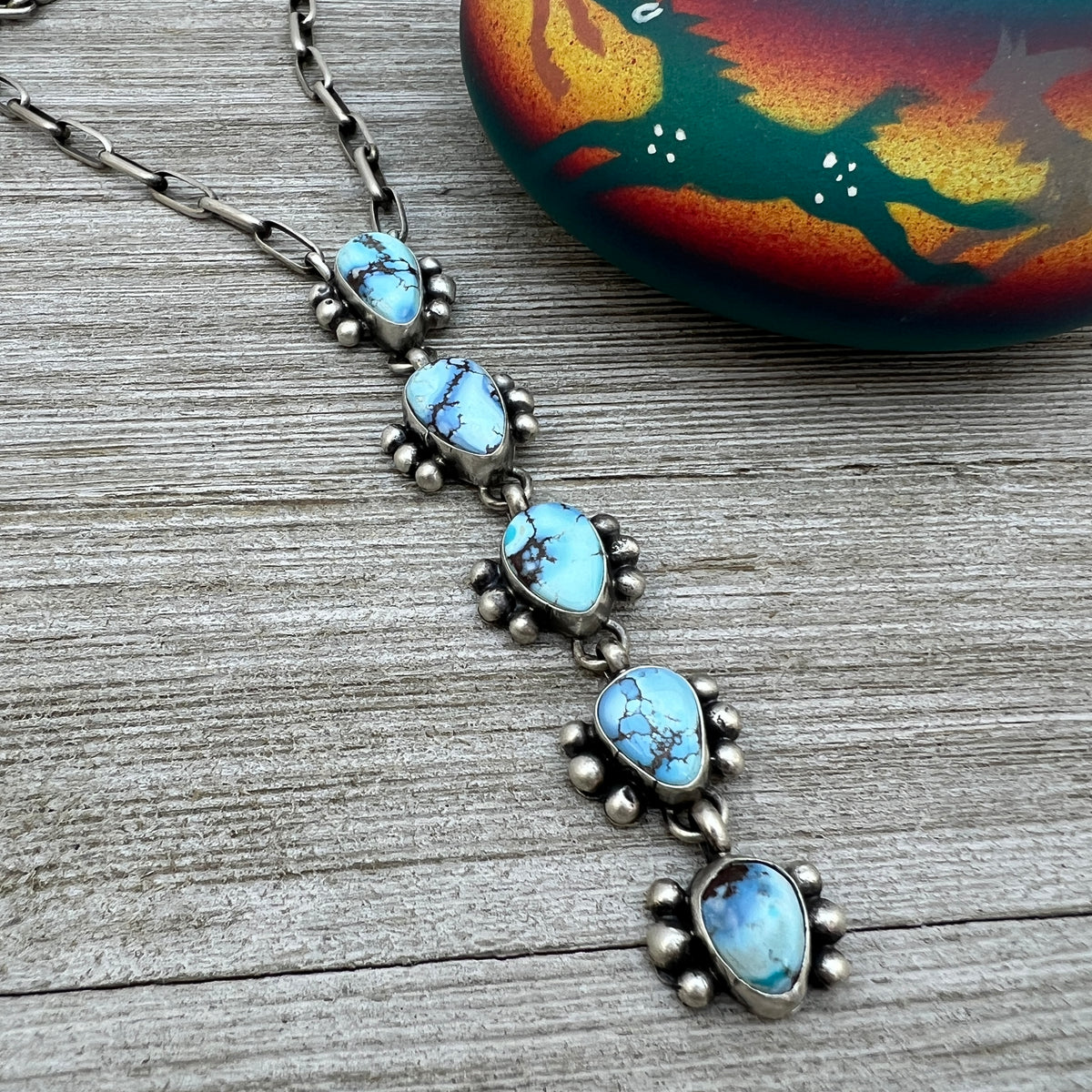 Sterling silver Golden Hills Turquoise Lariat Necklace Paperclip chain Bobby Johnson Navajo