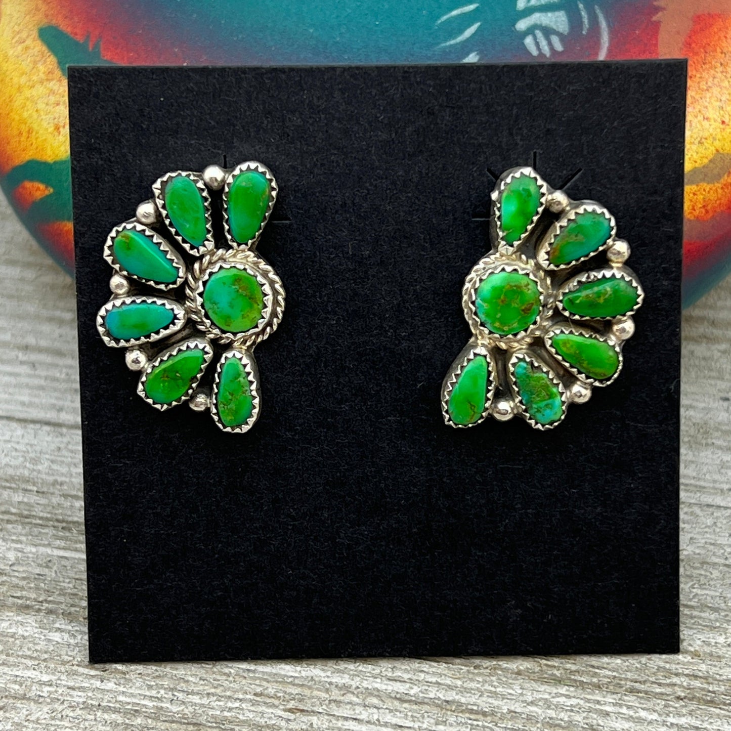 Bright Green Sonoran Gold turquoise Half Cluster earrings Justina Wilson Navajo 879