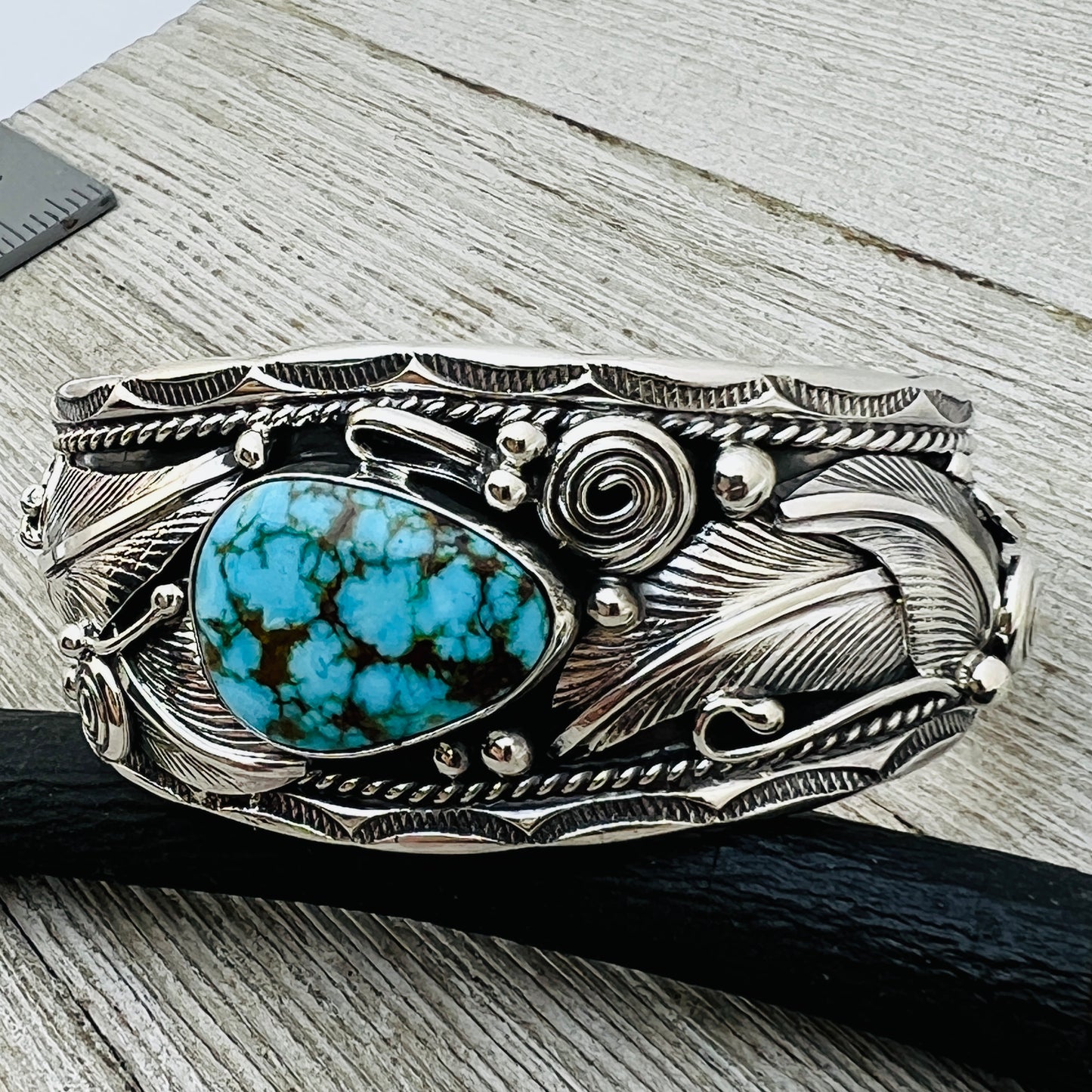 6 1/4" Kingman Turquoise floral cuff bracelet sterling silver Darrell Morgan BR4