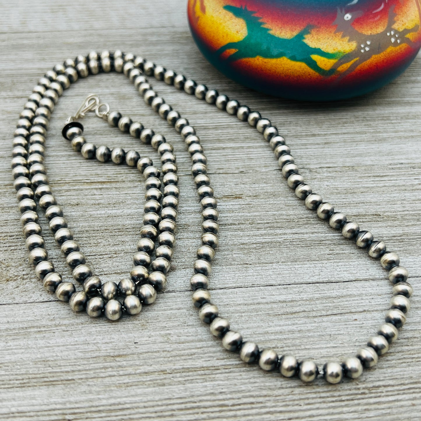 36" Sterling silver handmade Navajo Pearl 6mm round Bead Necklace Dorinda Mariano signed