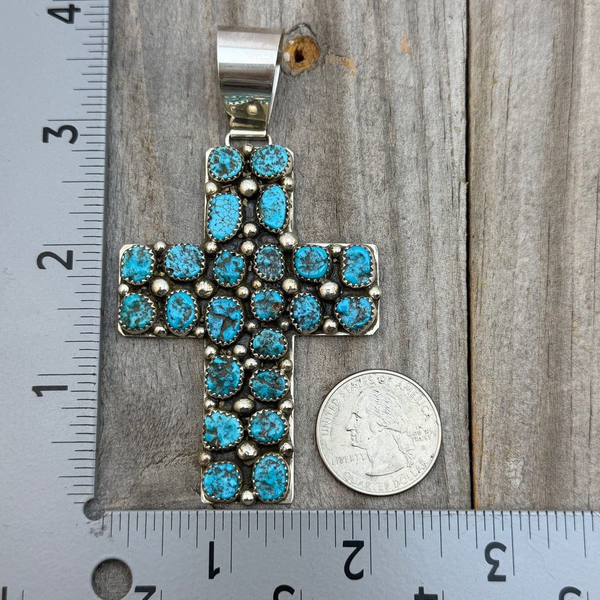 Kingman Turquoise Cross Pendant Melvin Jones Navajo handmade Sterling silver PD1