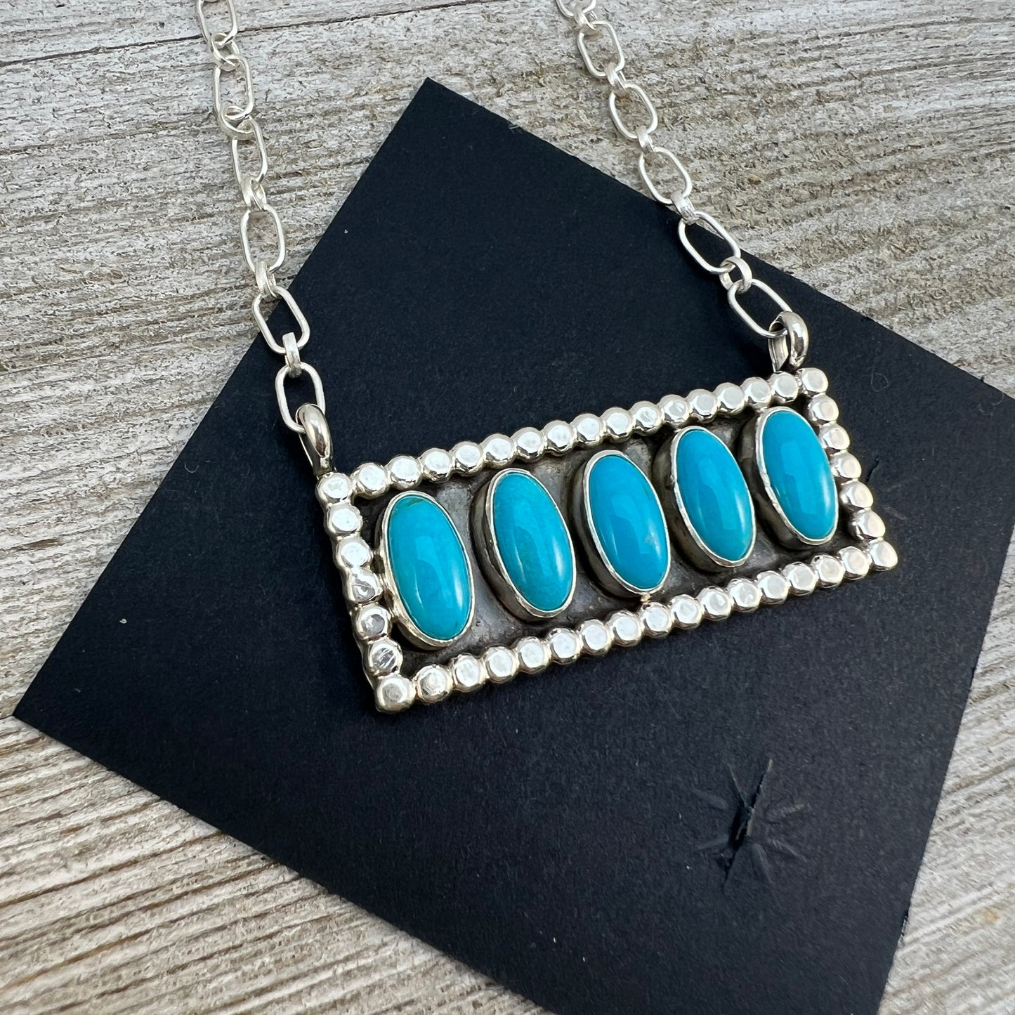 18" Blue Campitos turquoise rectangle bar necklace #4, Navajo handmade, sterling silver