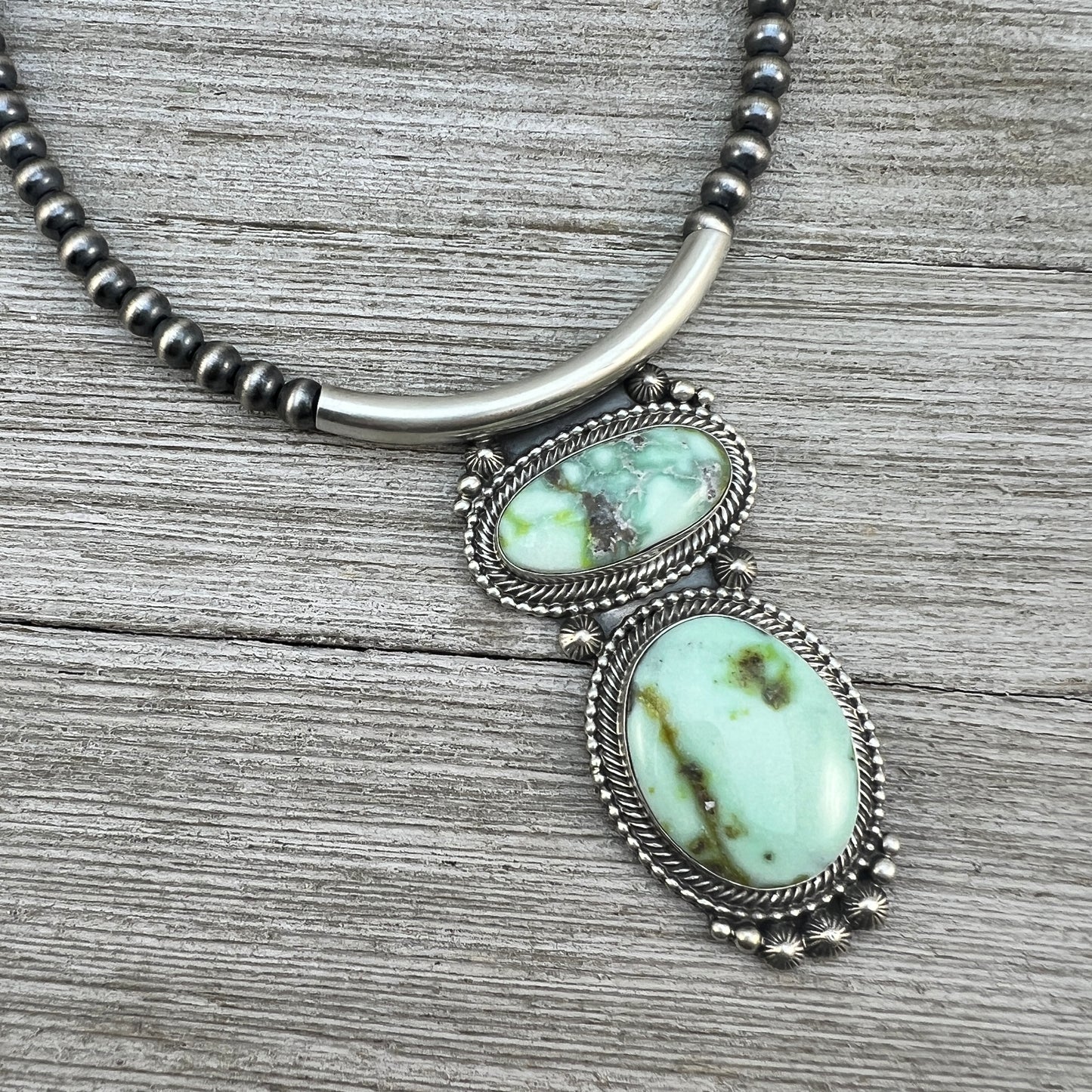 Palomino Variscite 18" necklace #4, 6mm Sterling silver oxidized beads, Southwest pearls, Navajo, TOM LEWIS