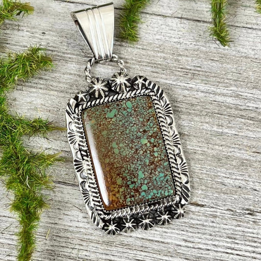 Unique Nevada Spiderweb Turquoise Pendant by Navajo artist, Clarence Long, signed, sterling silver