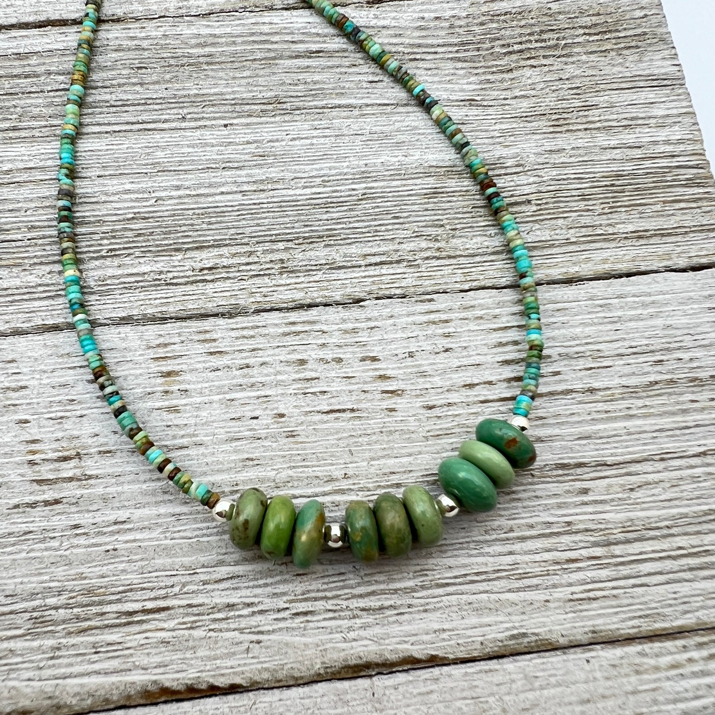 18 1/2" Green Kingman turquoise heishi necklace with rondelle beads Doreen Jake Navajo