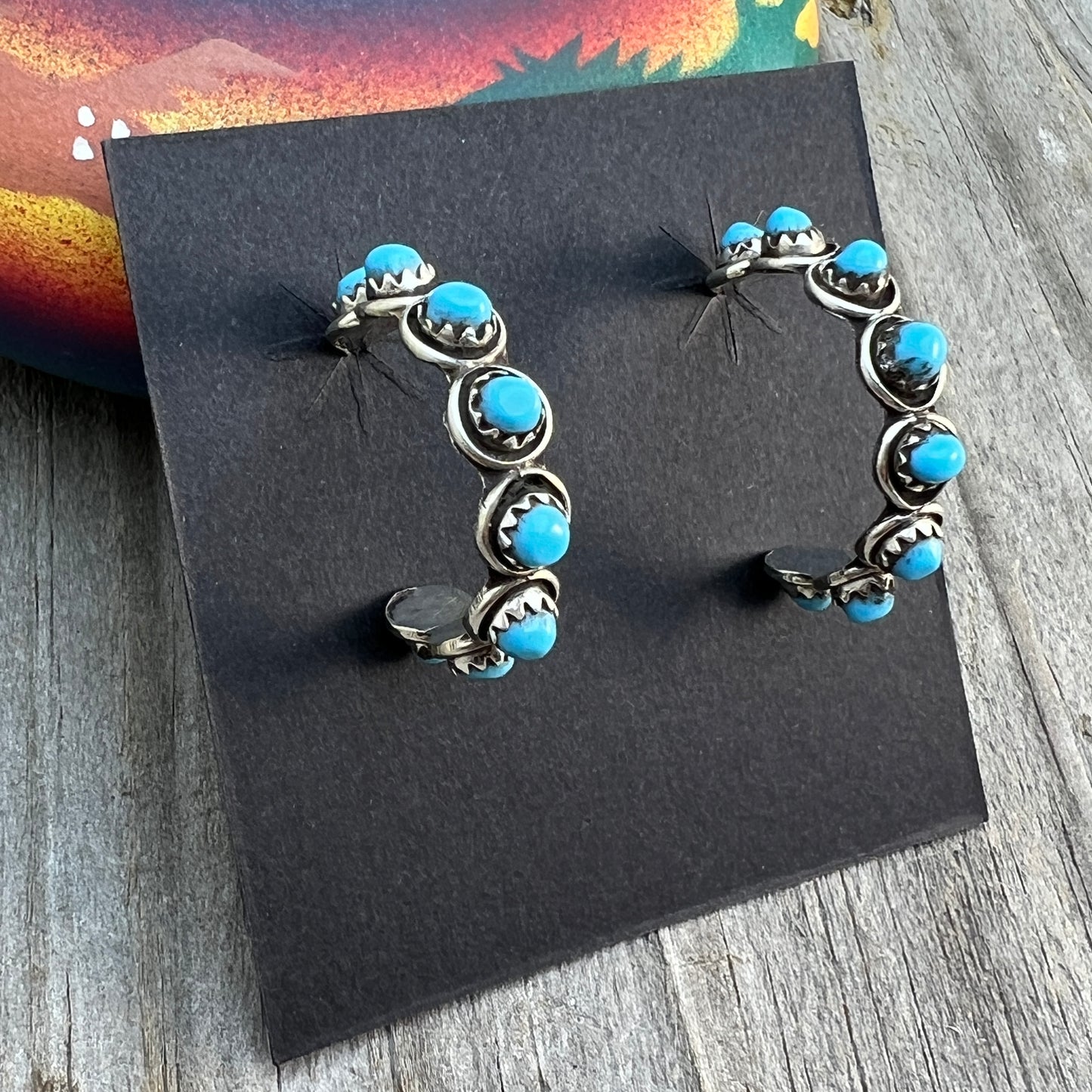 Turquoise dot snake eye 1" hoop earrings sterling silver Florenda Lonasee handmade 705