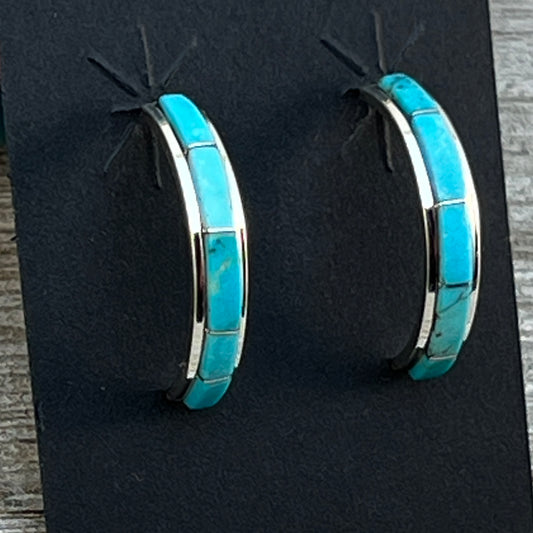 Small Turquoise 7/8" narrow turquoise zuni hoop earrings sterling silver Gloria Waseta 419
