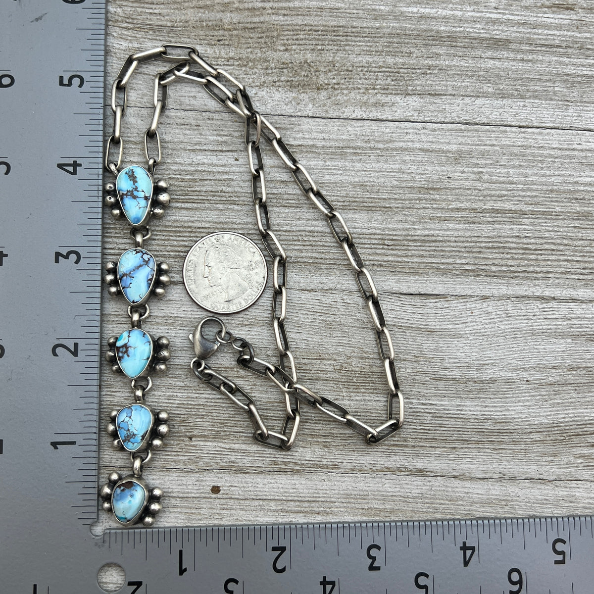 Sterling silver Golden Hills Turquoise Lariat Necklace Paperclip chain Bobby Johnson Navajo