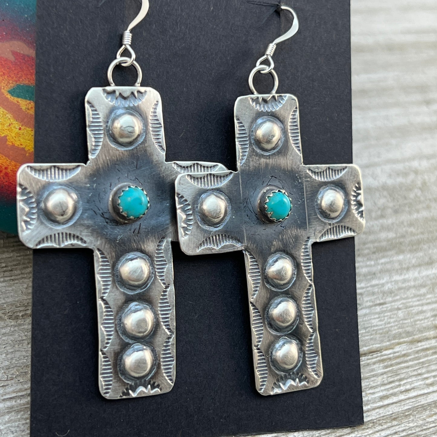 Navajo handmade large cross dangle earrings sterling silver turquoise Tim Yazzie 398
