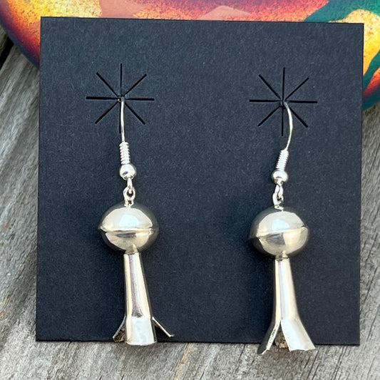 Small lightweight all silver squash blossom dangle earrings Sterling silver Emily Tsosie 658