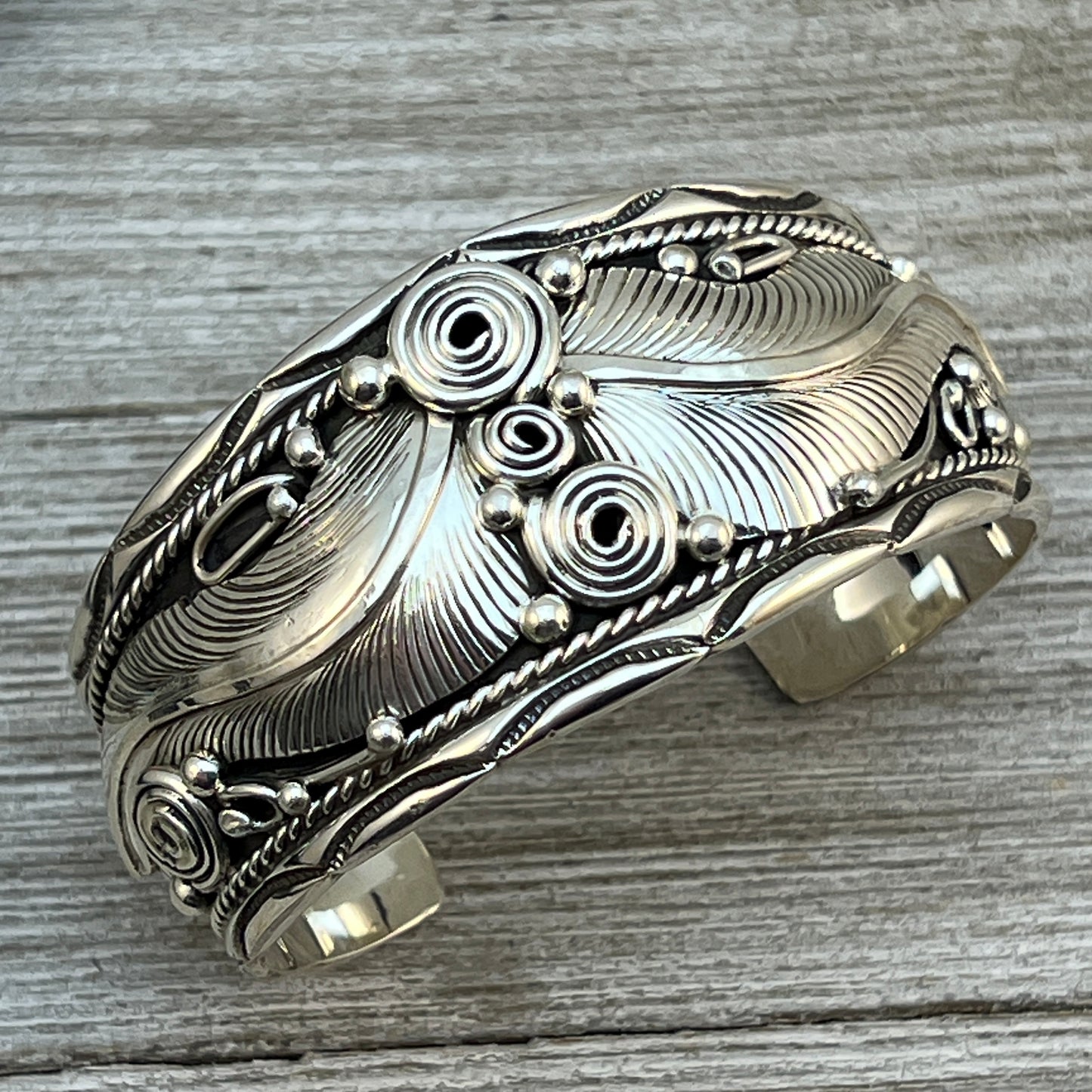 6.75" all silver floral Cuff Bracelet Navajo Darrell Morgan signed western floral design
