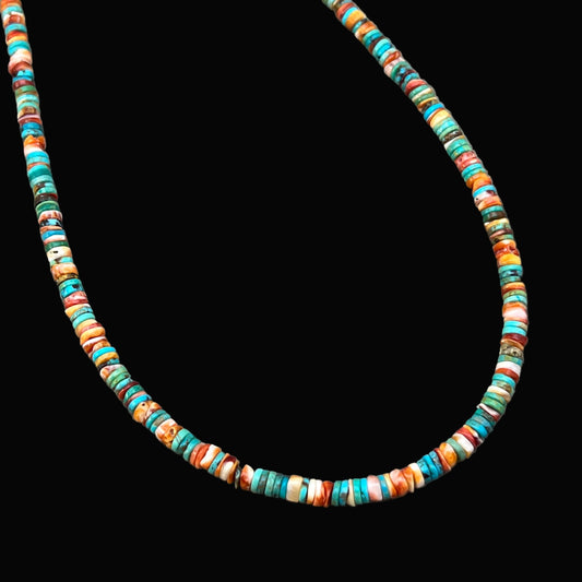 18" turquoise red orange spiny shell heishi bead necklace choker Doreen Jake Navajo 785