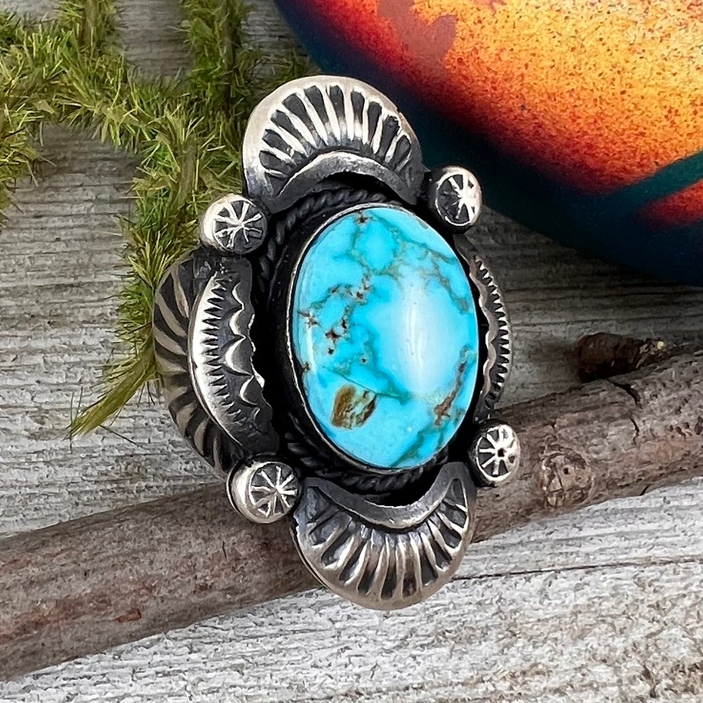 Size 7.5 / A Beautiful High Grade, Blue, Kingman spiderweb Turquoise ring, Heavy handmade by Navajo artist, Gilbert Tom, signed,