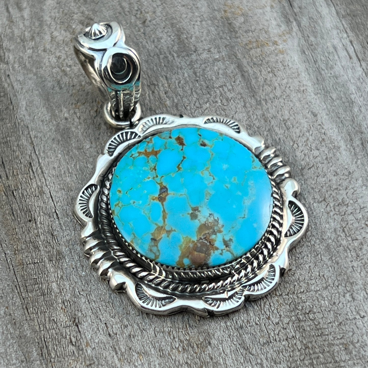 Kingman Turquoise Pendant Sterling silver Navajo handmade Jeremy Delgarito 553