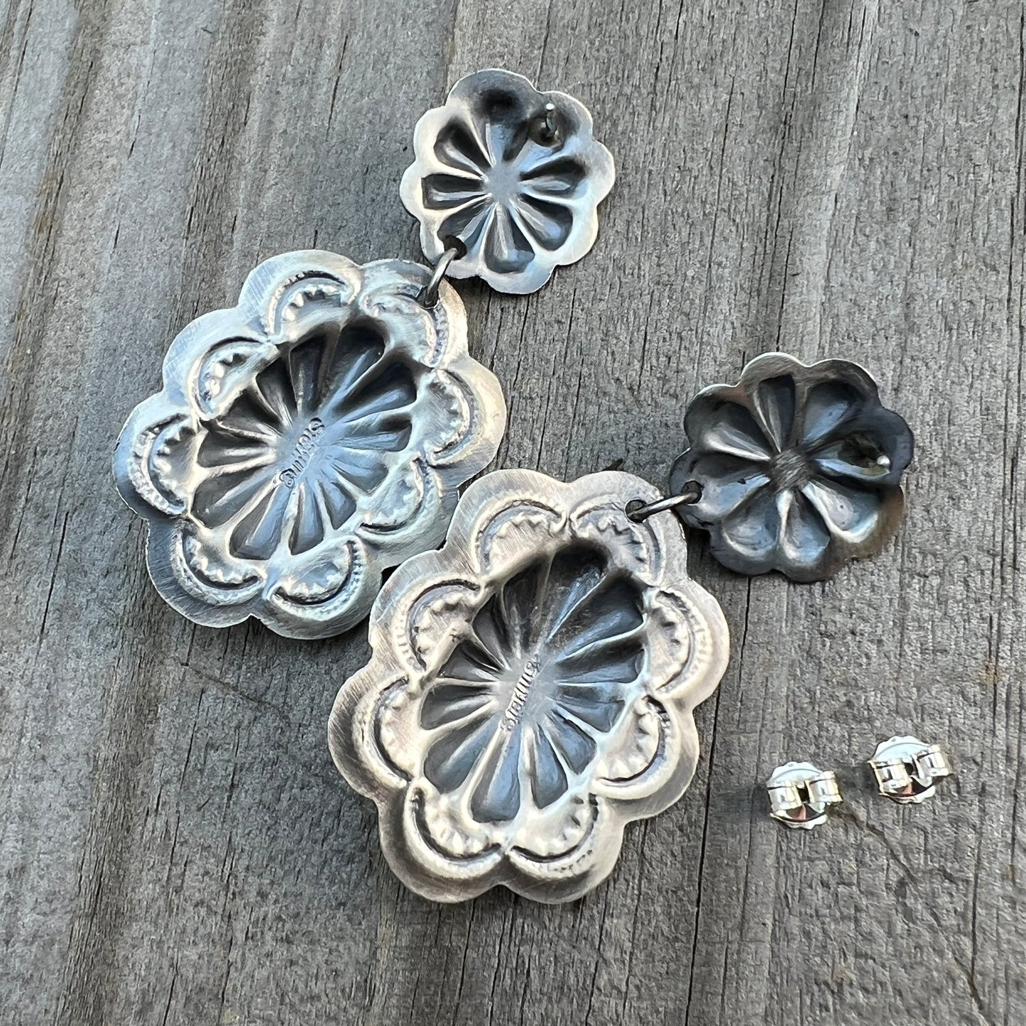 Turquoise stamped concho dangle earrings sterling silver Lavina Benally Navajo 715