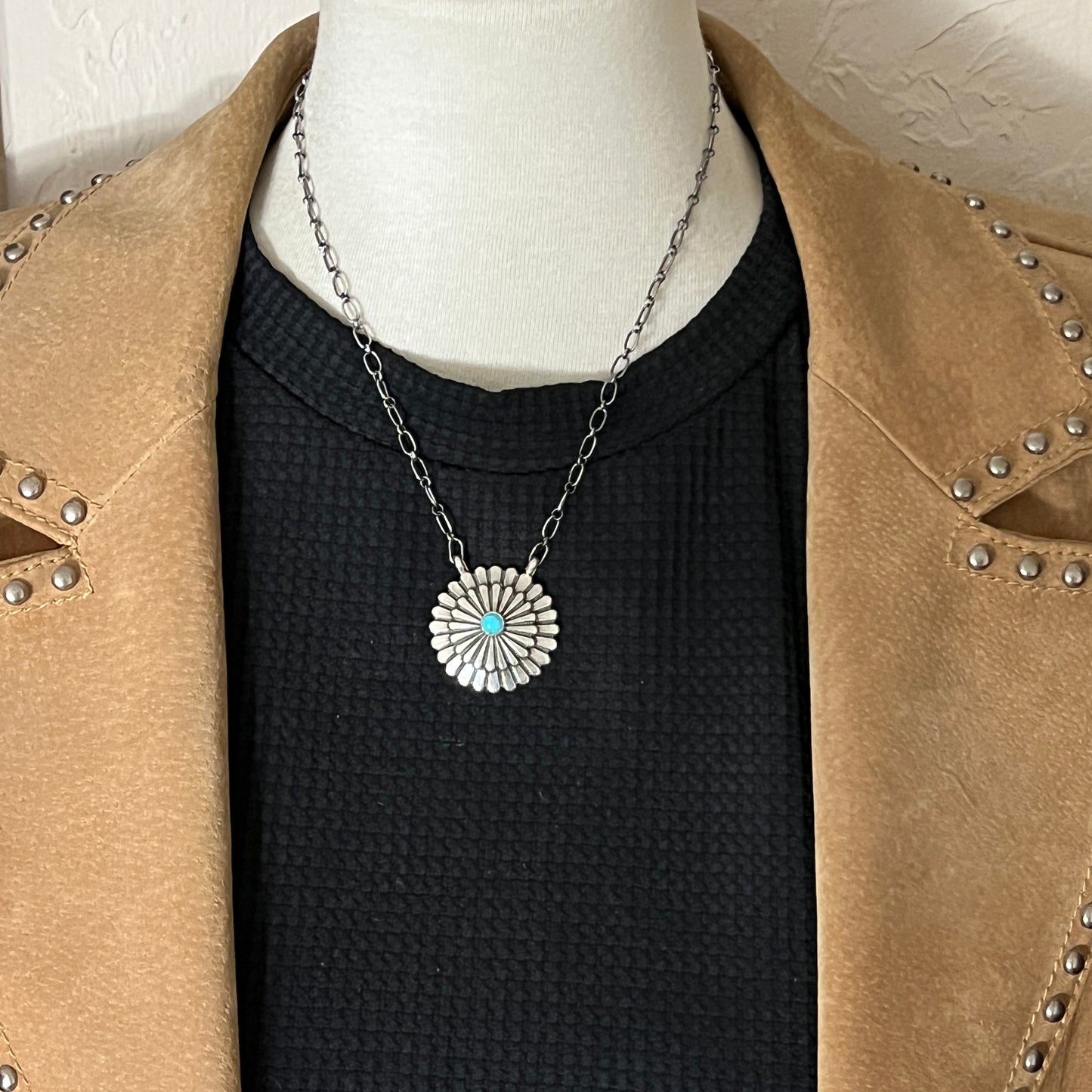 18" Turquoise Concho Necklace Sterling silver Navajo Sheldon Mariano 661