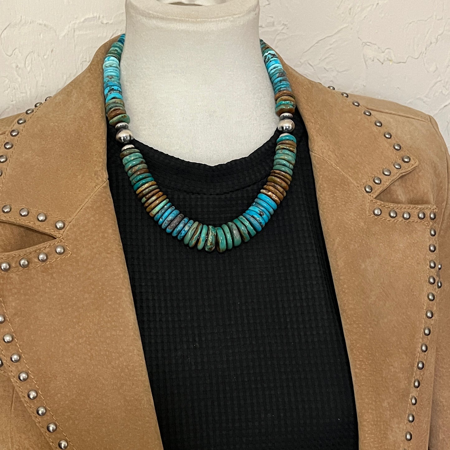 19 1/2" Turquoise Disc Necklace Choker Sterling Silver Beads, boho choker 640