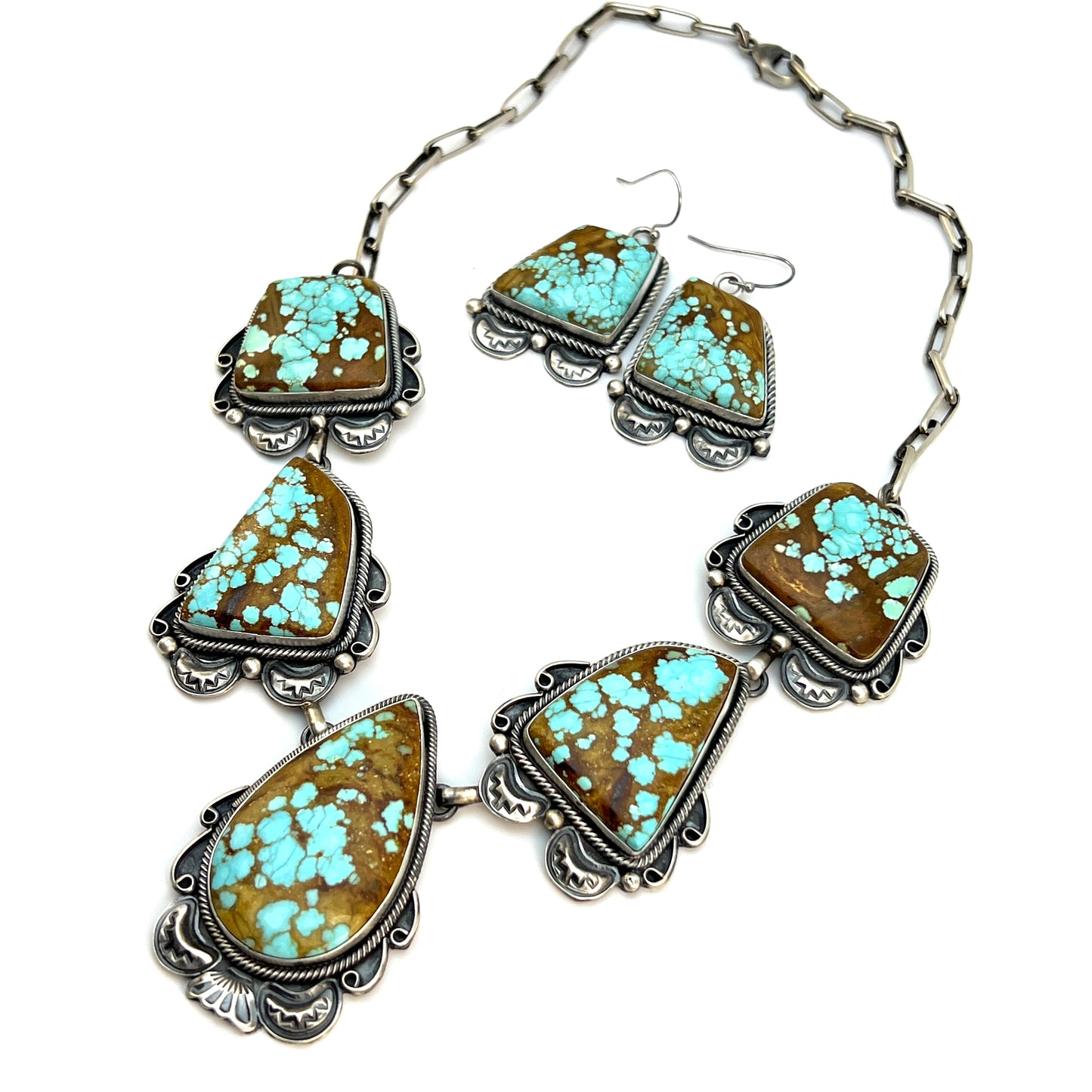 #8 Turquoise Station Necklace Earrings Set Sterling Silver Navajo Paul Livingston 641