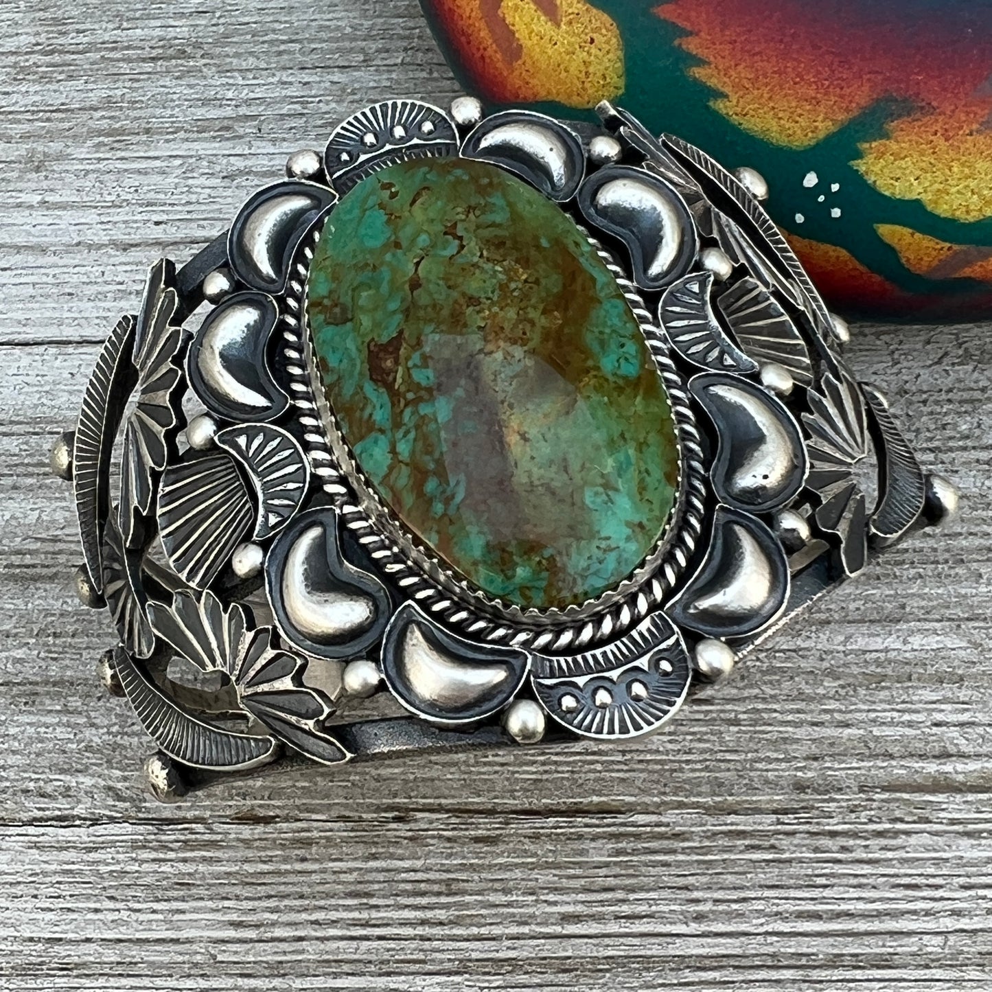 6.75" Large Green Turquoise Cuff Bracelet, Kevin Billah Navajo sterling silver