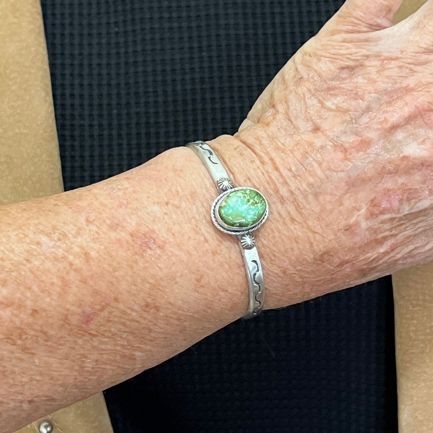 6.75" Green Sonoran Gold turquoise Cuff Bracelet, Sterling Silver Navajo Samuel Yellowhair