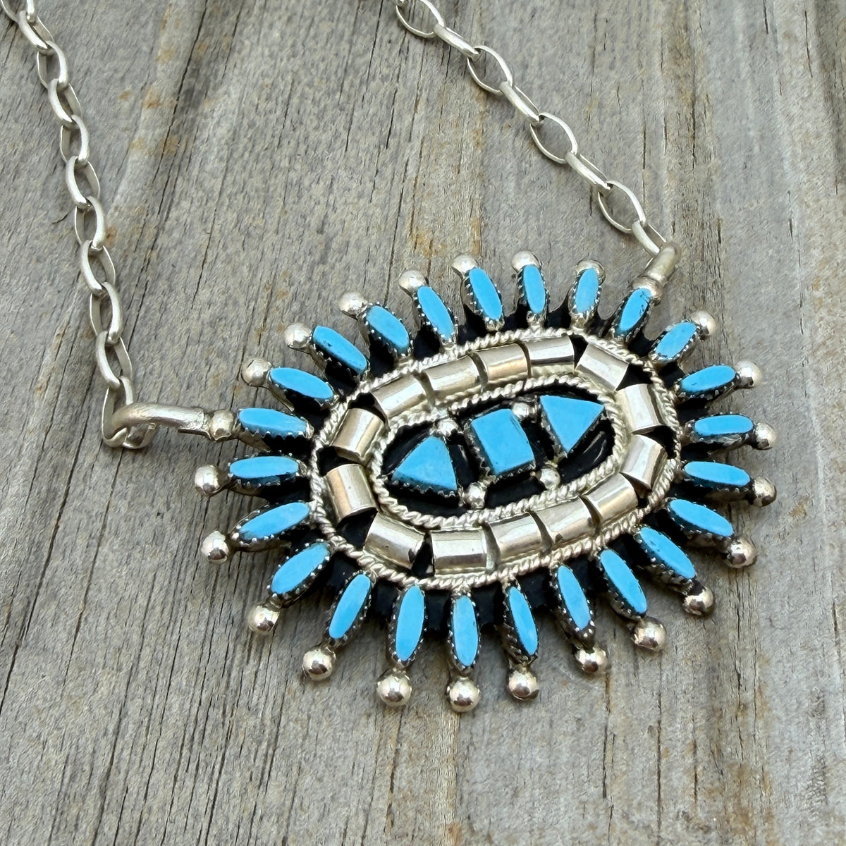 Turquoise Needlepoint cluster medallion necklace Evonne Hustito Zuni Sterling Silver