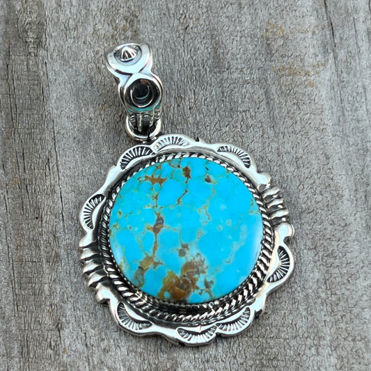 Kingman Turquoise Pendant Sterling silver Navajo handmade Jeremy Delgarito 553