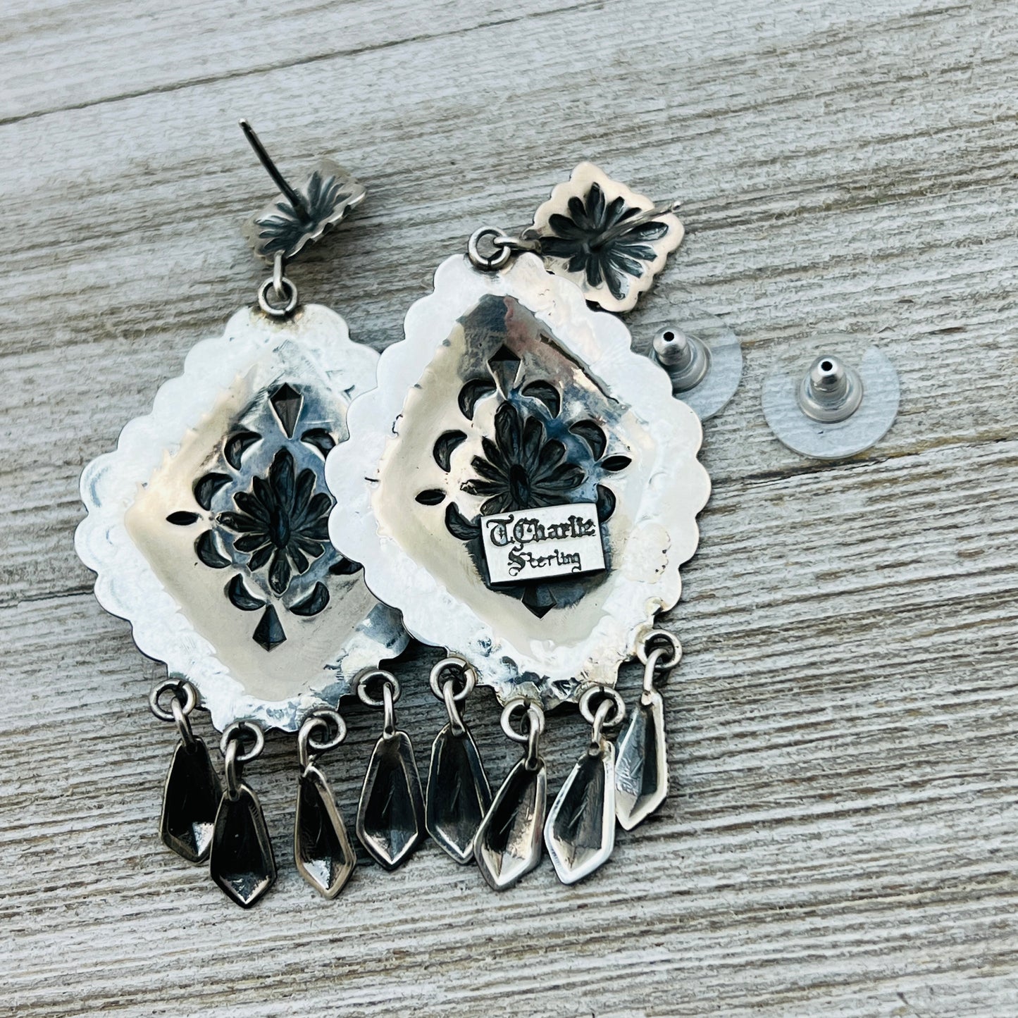 Large Stamped Concho earrings sterling silver Terry Charlie Navajo handmade ER30