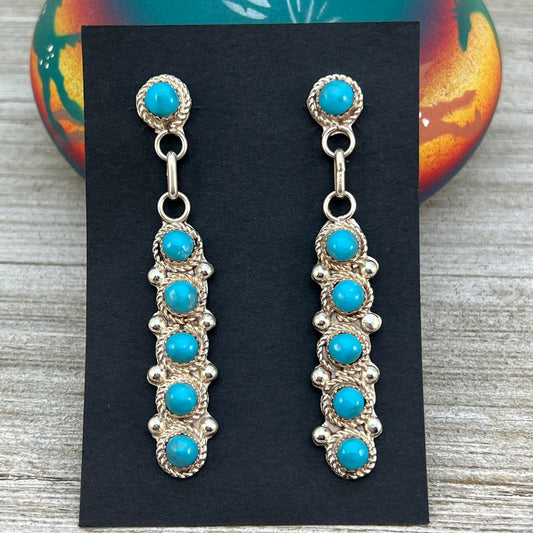 Turquoise Zuni Large Snake Eye bar drop earrings #2, Sterling silver