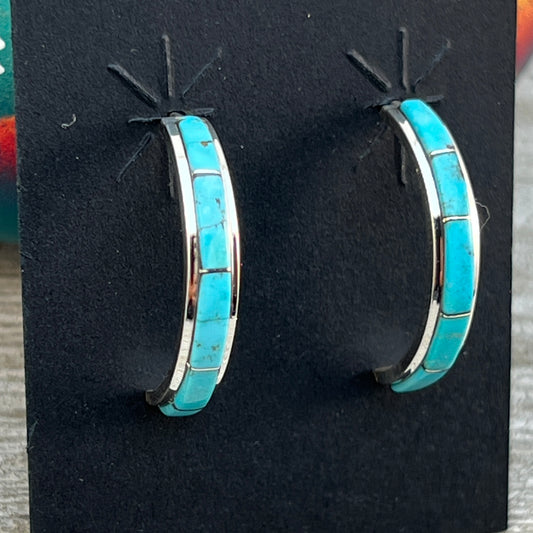 Small Turquoise 7/8" narrow turquoise zuni hoop earrings sterling silver Gloria Waseta 420