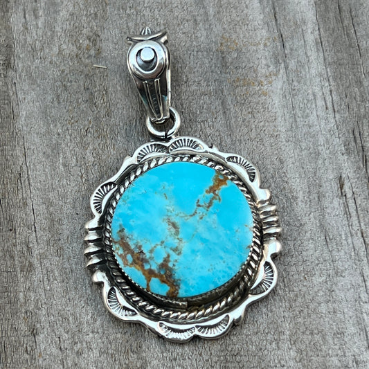 Kingman Turquoise Pendant Sterling silver Navajo handmade Jeremy Delgarito 552