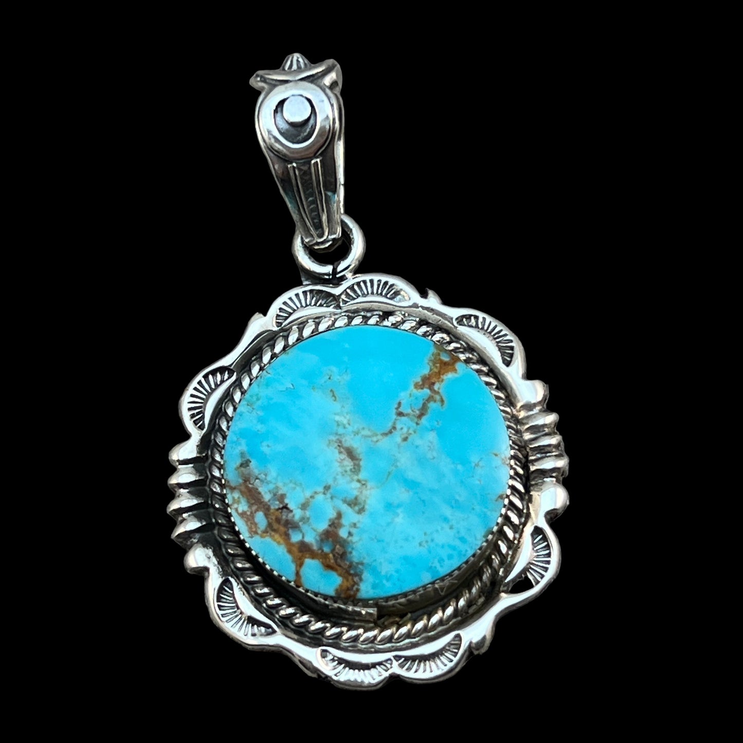 Kingman Turquoise Pendant Sterling silver Navajo handmade Jeremy Delgarito 552