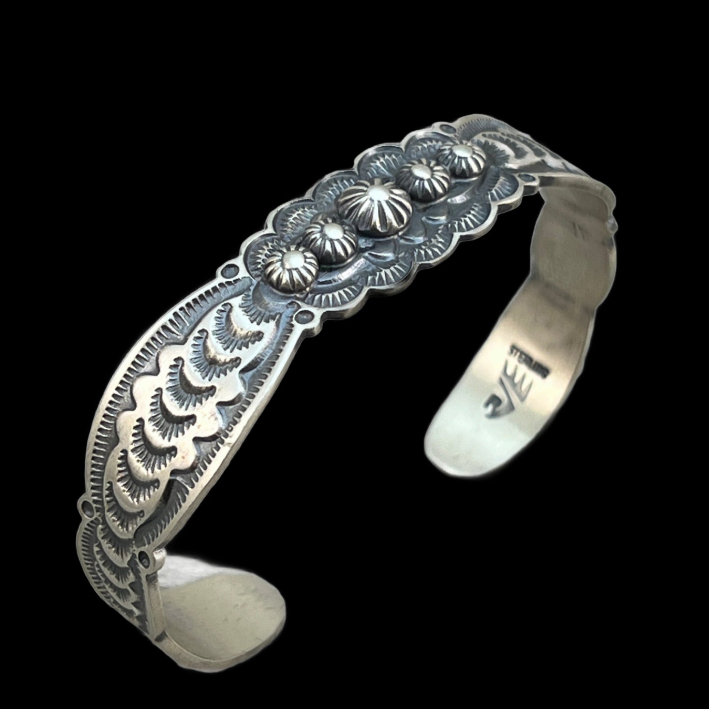 6 1/2" Sterling Silver Hand Stamped Cuff Bracelet, Benny Ramone, Old Style Navajo Buttons, Stars, concho