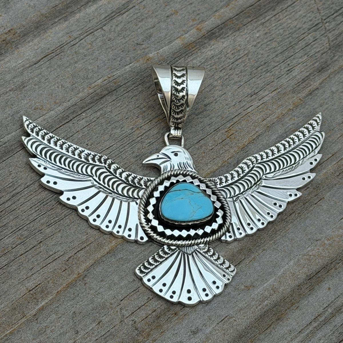 Turquoise Thunderbird Pendant sterling silver Jeremy Delgarito Navajo PD11 hand stamped