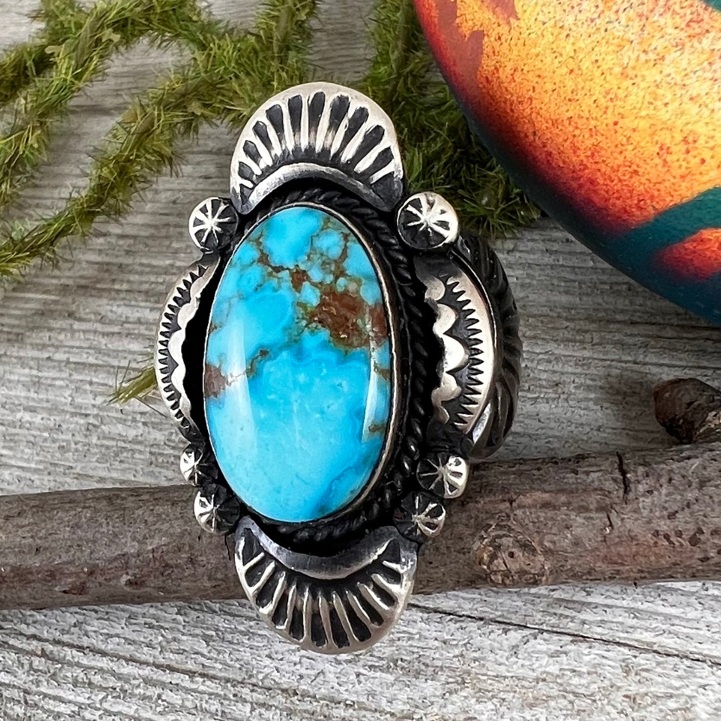 Size 7.5 / B Beautiful High Grade, Blue, Kingman spiderweb Turquoise ring, Heavy handmade by Navajo artist, Gilbert Tom, signed,