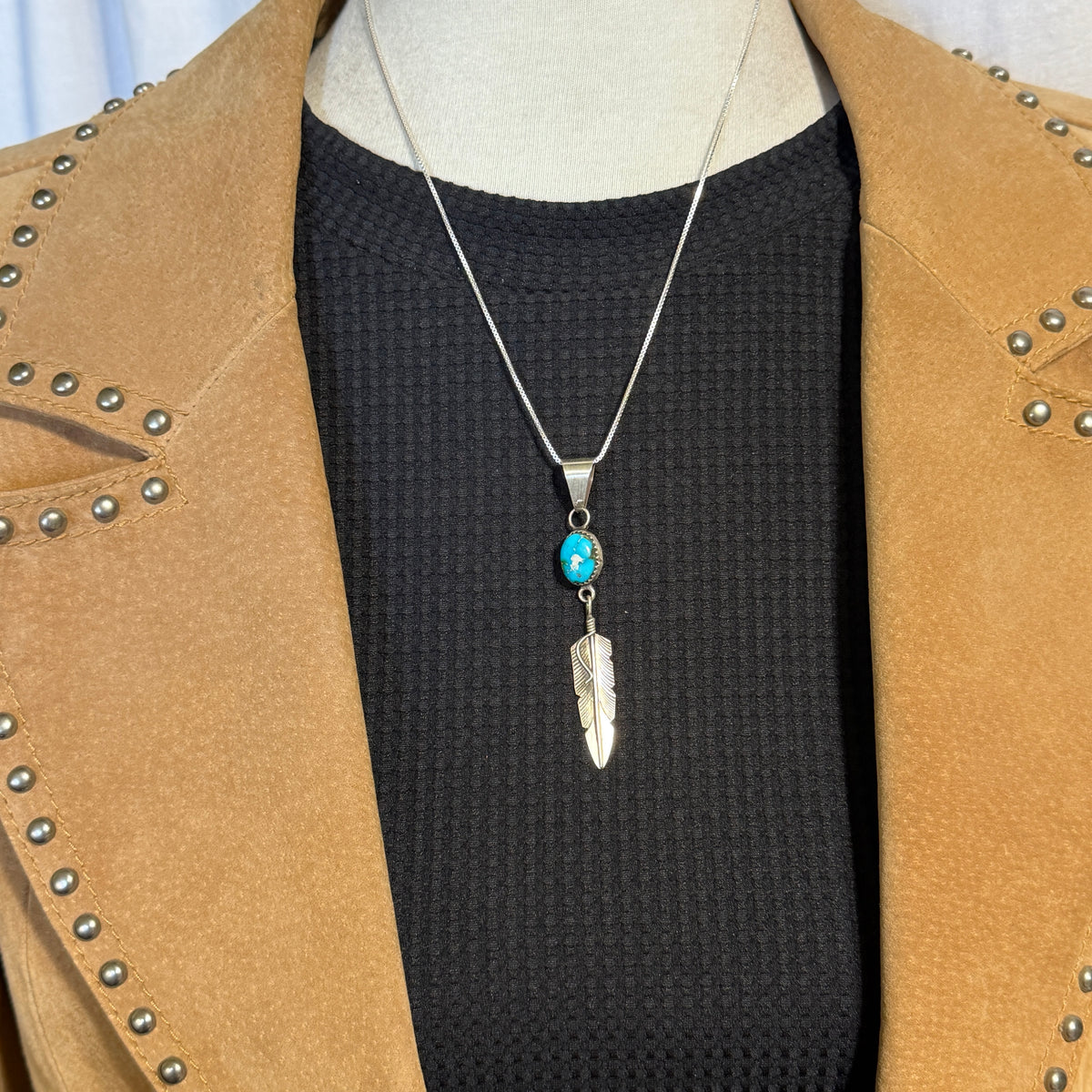 Blue Sonoran Gold Turquoise sterling silver Feather Pendant Chris Charley Navajo PD5