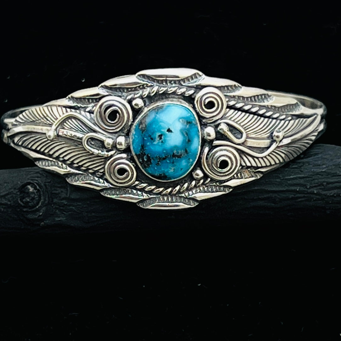 6 1/8" Stamped Navajo sterling silver Turquoise cuff bracelet Darrell Morgan BR74